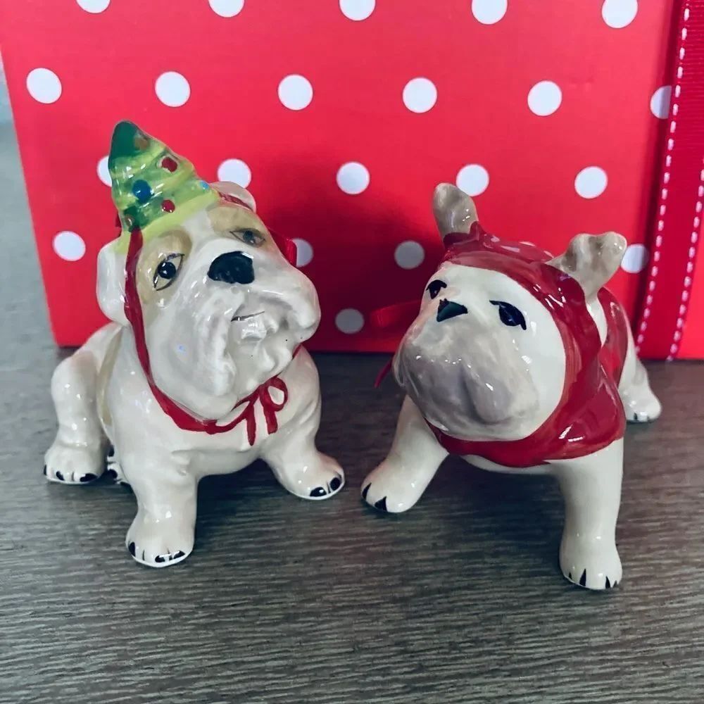 Blue Sky 2-pc English Bulldog Christmas Holiday Ceramic Dog Ornaments Set